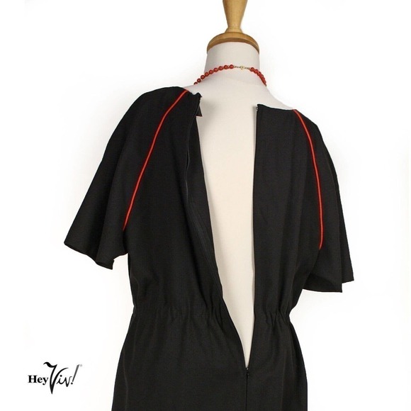 Vintage Black Dress w Red Piping Bell Sleeves and Elastic Waist Sz XL - Hey Viv - Picture 5 of 6